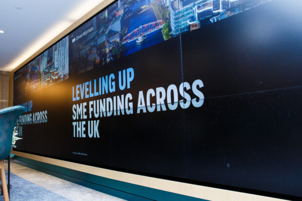 An image on a screen with the title 'Levelling Up SME Funding Across the UK'